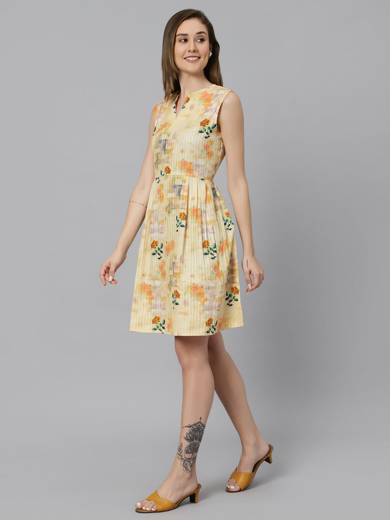 Sea & Mast - Regular Fit Floral Cotton Blend Flare Dress, V- Neck Knee Length, Yellow