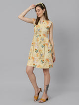 Sea & Mast - Regular Fit Floral Cotton Blend Flare Dress, V- Neck Knee Length, Yellow