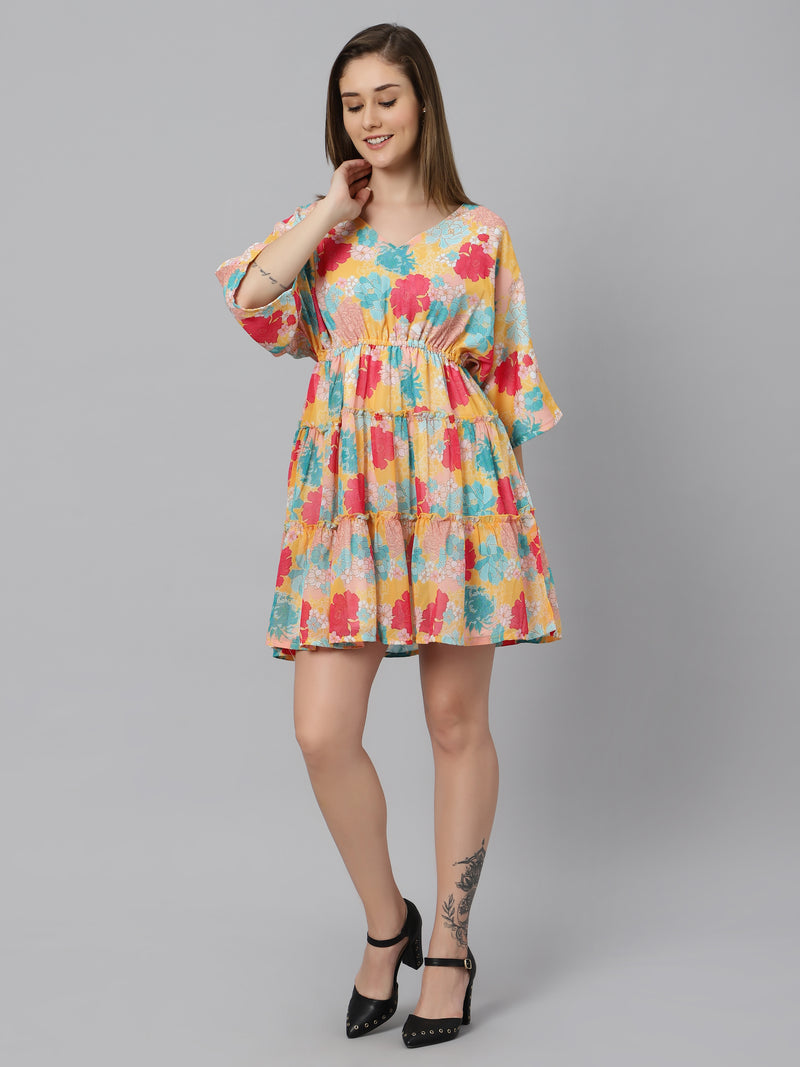 Sea & Mast - Relaxed Fit Floral Georgette Flare Dress, V- Neck Elasticated Mid Thigh Length, Yellow