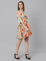Sea & Mast - Relaxed Fit Floral Georgette Flare Dress, V- Neck Elasticated Mid Thigh Length, Yellow