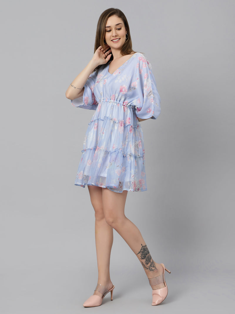 Sea & Mast - Relaxed Fit Floral Georgette Flare Dress, V- Neck Elasticated Mid Thigh Length, Light Blue