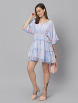 Sea & Mast - Relaxed Fit Floral Georgette Flare Dress, V- Neck Elasticated Mid Thigh Length, Light Blue