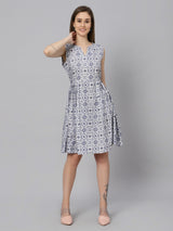 Sea & Mast - Regular Fit Geometric Print Cotton Flare Dress, V- Neck Knee Length, White, Plus Size