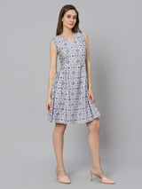 Sea & Mast - Regular Fit Geometric Print Cotton Flare Dress, V- Neck Knee Length, White