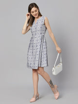 Sea & Mast - Regular Fit Geometric Print Cotton Flare Dress, V- Neck Knee Length, White, Plus Size