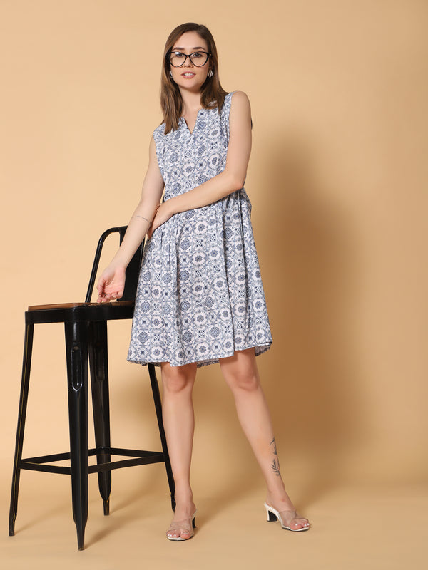 Sea & Mast - Regular Fit Geometric Print Cotton Flare Dress, V- Neck Knee Length, White