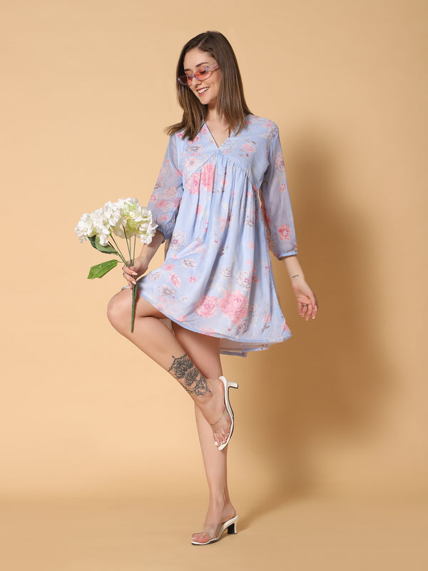 Sea & Mast - Regular Fit Floral Georgette Flare Dress, V- Neck Mid Thigh Length, Light Blue