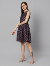 Sea & Mast - Regular Fit Geometric Print Cotton Flare Dress, V- Neck Knee Length, Black