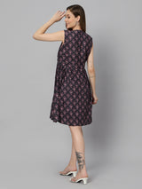 Sea & Mast - Regular Fit Geometric Print Cotton Flare Dress, V- Neck Knee Length, Black