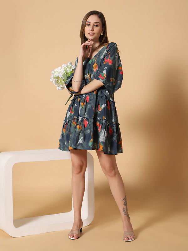 Sea & Mast - Relaxed Fit Floral Rayon Flare Dress, V- Neck Elasticated Mid Thigh Length, Dark Green