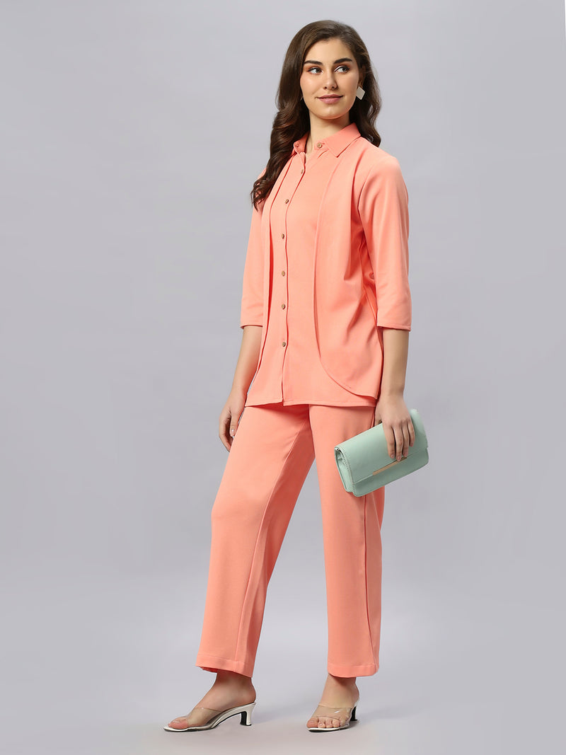 Sea & Mast - Stretchable Regular Fit Textured Poly-Viscose Co-ords, Collared Button Closure, Waist Length With Elasticated Waist Pant, Light Orange