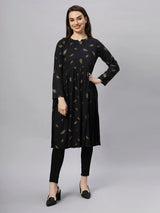 Sea & Mast - Regular Fit Foil Print Cotton Long Nyra Cut, Alia Cut Kurti, Slip On, Knee Length, Black, Custom