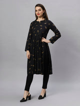 Sea & Mast - Regular Fit Foil Print Cotton Long Nyra Cut, Alia Cut Kurti, Slip On, Knee Length, Black, Plus Size