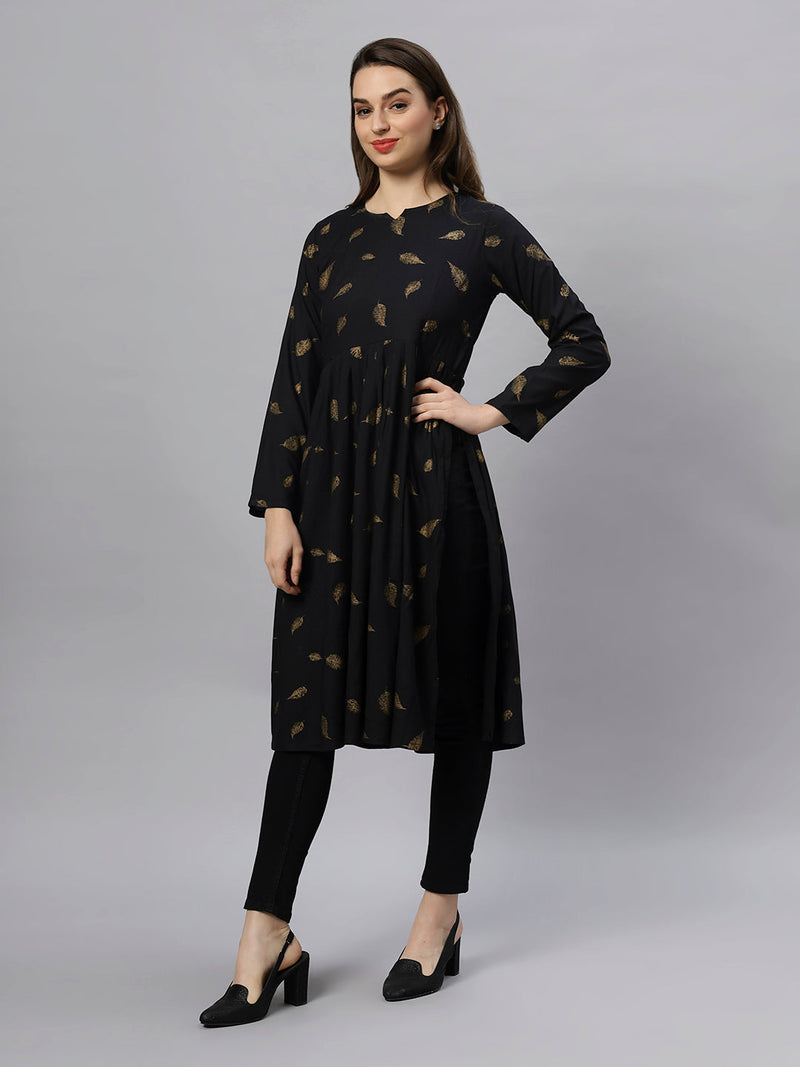 Sea & Mast - Regular Fit Foil Print Cotton Long Nyra Cut, Alia Cut Kurti, Slip On, Knee Length, Black, Custom