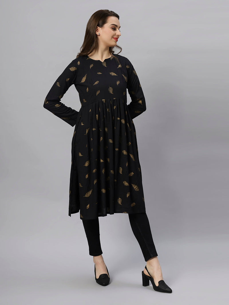 Sea & Mast - Regular Fit Foil Print Cotton Long Nyra Cut, Alia Cut Kurti, Slip On, Knee Length, Black, Custom