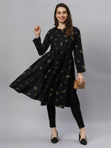 Sea & Mast - Regular Fit Foil Print Cotton Long Nyra Cut, Alia Cut Kurti, Slip On, Knee Length, Black, Custom