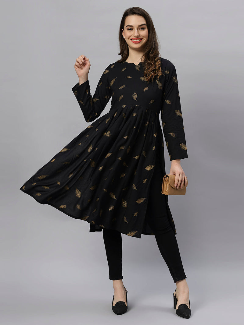 Sea & Mast - Regular Fit Foil Print Cotton Long Nyra Cut, Alia Cut Kurti, Slip On, Knee Length, Black, Plus Size