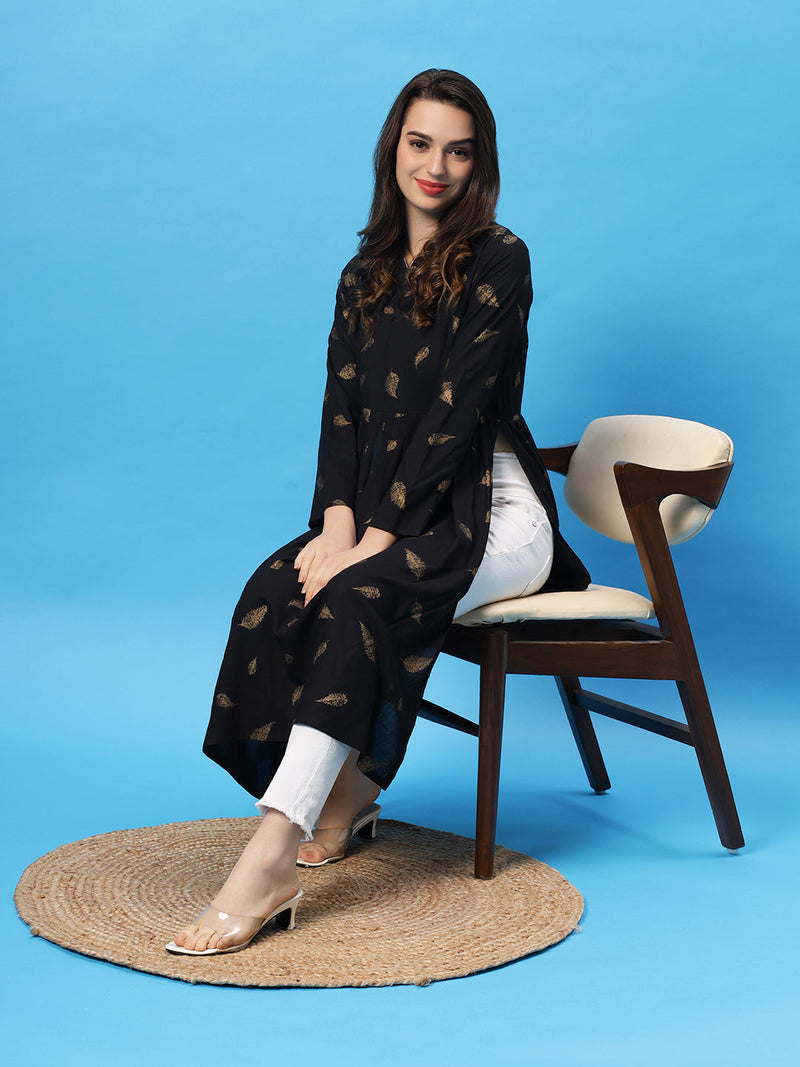 Sea & Mast - Regular Fit Foil Print Cotton Long Nyra Cut, Alia Cut Kurti, Slip On, Knee Length, Black, Plus Size