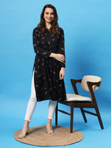 Sea & Mast - Regular Fit Foil Print Cotton Long Nyra Cut, Alia Cut Kurti, Slip On, Knee Length, Black, Custom