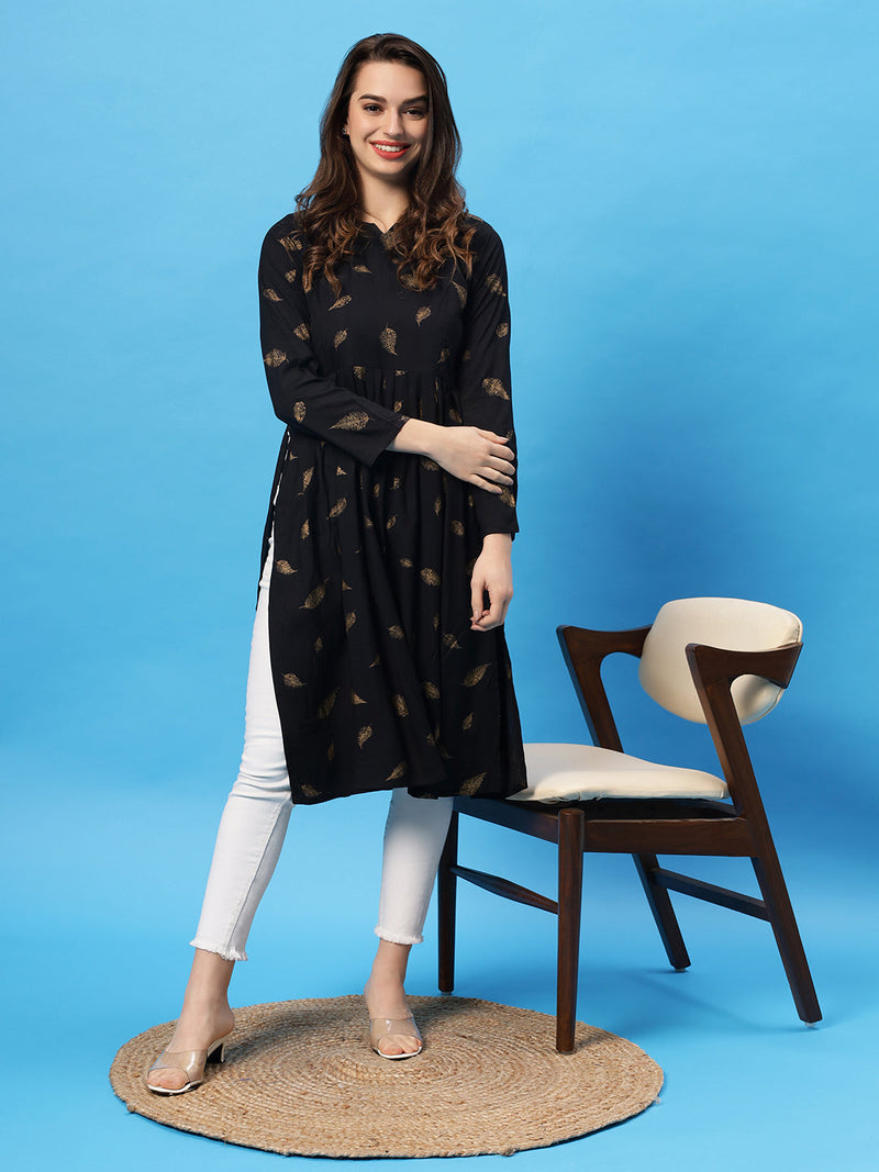 Sea & Mast - Regular Fit Foil Print Cotton Long Nyra Cut, Alia Cut Kurti, Slip On, Knee Length, Black, Plus Size