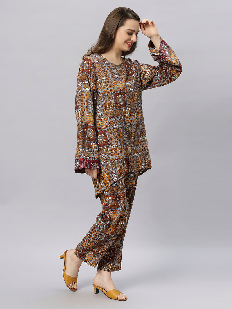 Sea & Mast - Oversized Unique Geometric Patterns Poly Co-ords, Slip On, Waist Length With Elasticated Waist Pant, Brown