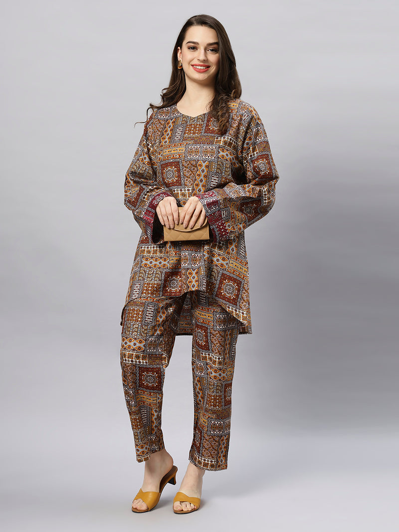 Sea & Mast - Oversized Unique Geometric Patterns Poly Co-ords, Slip On, Waist Length With Elasticated Waist Pant, Brown