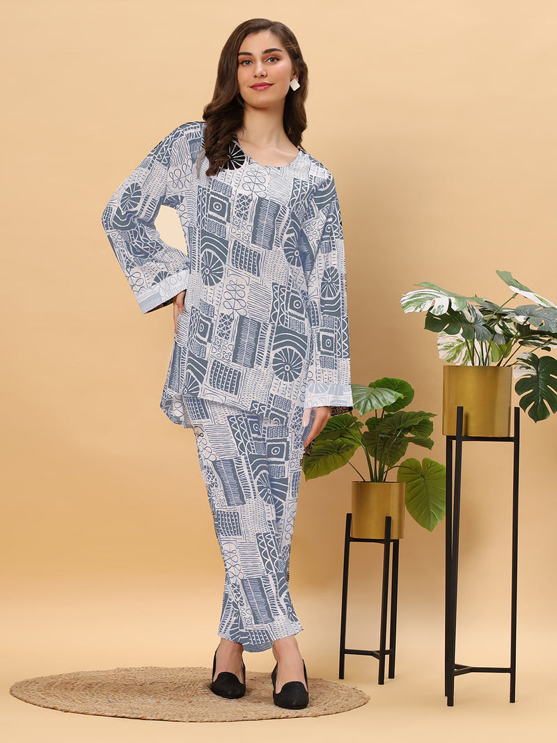 Sea & Mast - Oversized Geometric Ink Printed Poly Co-ords, Slip On, Waist Length With Elasticated Waist Pant, Grey, Plus Size