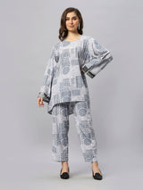 Sea & Mast - Oversized Geometric Ink Printed Poly Co-ords, Slip On, Waist Length With Elasticated Waist Pant, Grey, Plus Size