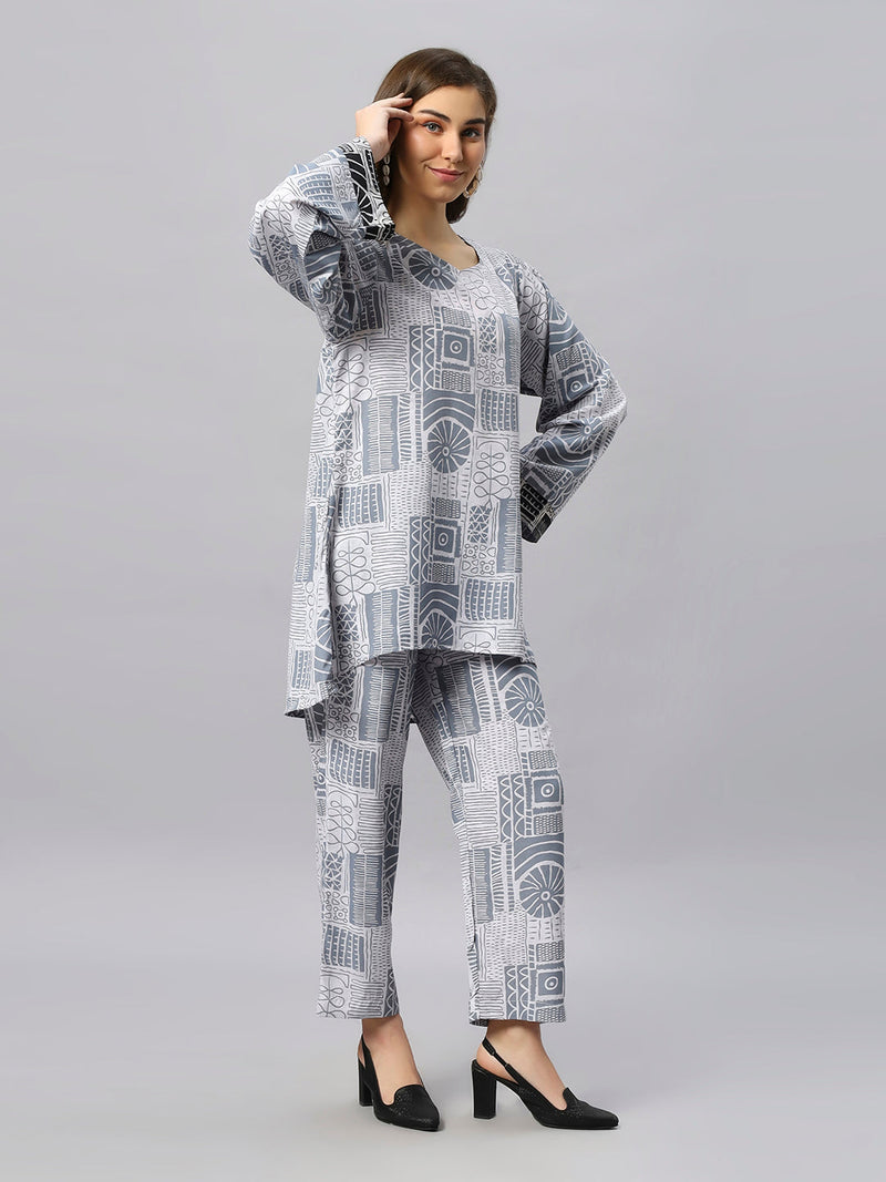 Sea & Mast - Oversized Geometric Ink Printed Poly Co-ords, Slip On, Waist Length With Elasticated Waist Pant, Grey, Custom