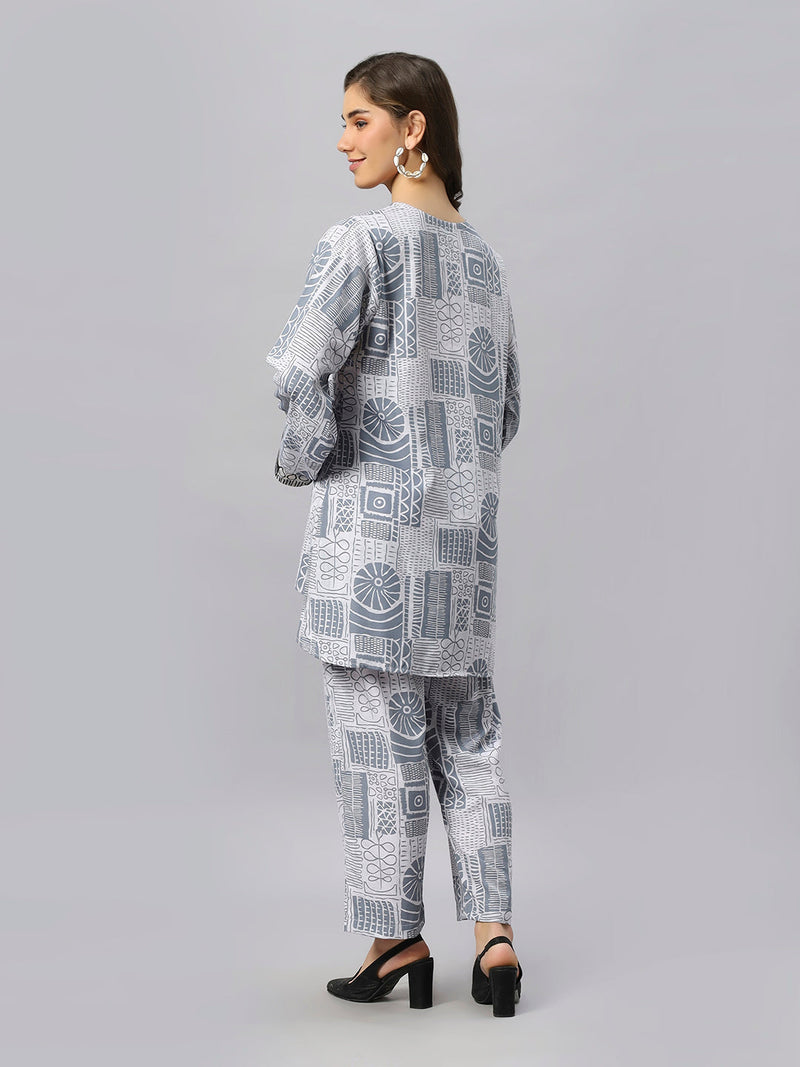 Sea & Mast - Oversized Geometric Ink Printed Poly Co-ords, Slip On, Waist Length With Elasticated Waist Pant, Grey, Custom