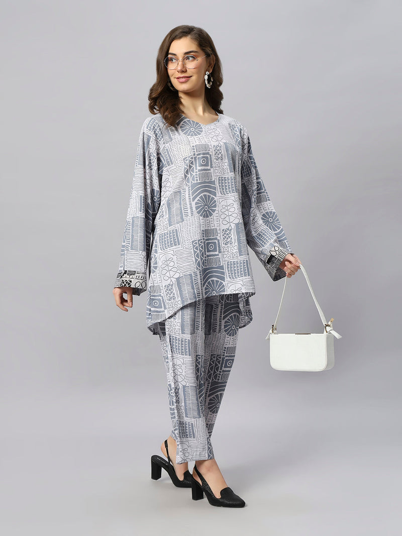 Sea & Mast - Oversized Geometric Ink Printed Poly Co-ords, Slip On, Waist Length With Elasticated Waist Pant, Grey, Plus Size