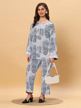 Sea & Mast - Oversized Geometric Ink Printed Poly Co-ords, Slip On, Waist Length With Elasticated Waist Pant, Grey, Plus Size