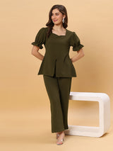 Sea & Mast - Stretchable Regular Fit Textured Poly-Viscose Co-ords, Slip On, Waist Length With Elasticated Waist Pant, Olive, Plus Size