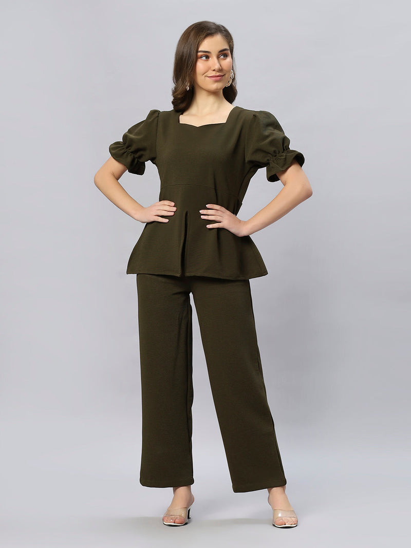 Sea & Mast - Stretchable Regular Fit Textured Poly-Viscose Co-ords, Slip On, Waist Length With Elasticated Waist Pant, Olive, Plus Size