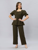 Sea & Mast - Stretchable Regular Fit Textured Poly-Viscose Co-ords, Slip On, Waist Length With Elasticated Waist Pant, Olive, Custom