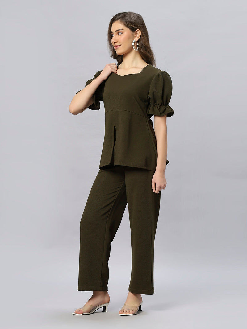 Sea & Mast - Stretchable Regular Fit Textured Poly-Viscose Co-ords, Slip On, Waist Length With Elasticated Waist Pant, Olive, Custom