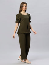 Sea & Mast - Stretchable Regular Fit Textured Poly-Viscose Co-ords, Slip On, Waist Length With Elasticated Waist Pant, Olive