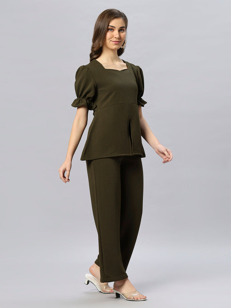 Sea & Mast - Stretchable Regular Fit Textured Poly-Viscose Co-ords, Slip On, Waist Length With Elasticated Waist Pant, Olive, Plus Size