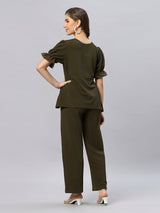 Sea & Mast - Stretchable Regular Fit Textured Poly-Viscose Co-ords, Slip On, Waist Length With Elasticated Waist Pant, Olive, Custom