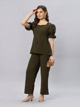 Sea & Mast - Stretchable Regular Fit Textured Poly-Viscose Co-ords, Slip On, Waist Length With Elasticated Waist Pant, Olive, Custom