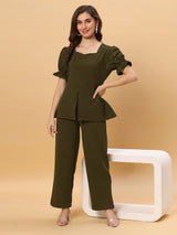 Sea & Mast - Stretchable Regular Fit Textured Poly-Viscose Co-ords, Slip On, Waist Length With Elasticated Waist Pant, Olive, Plus Size