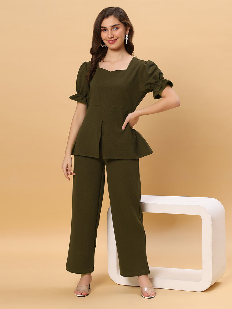 Sea & Mast - Stretchable Regular Fit Textured Poly-Viscose Co-ords, Slip On, Waist Length With Elasticated Waist Pant, Olive, Plus Size