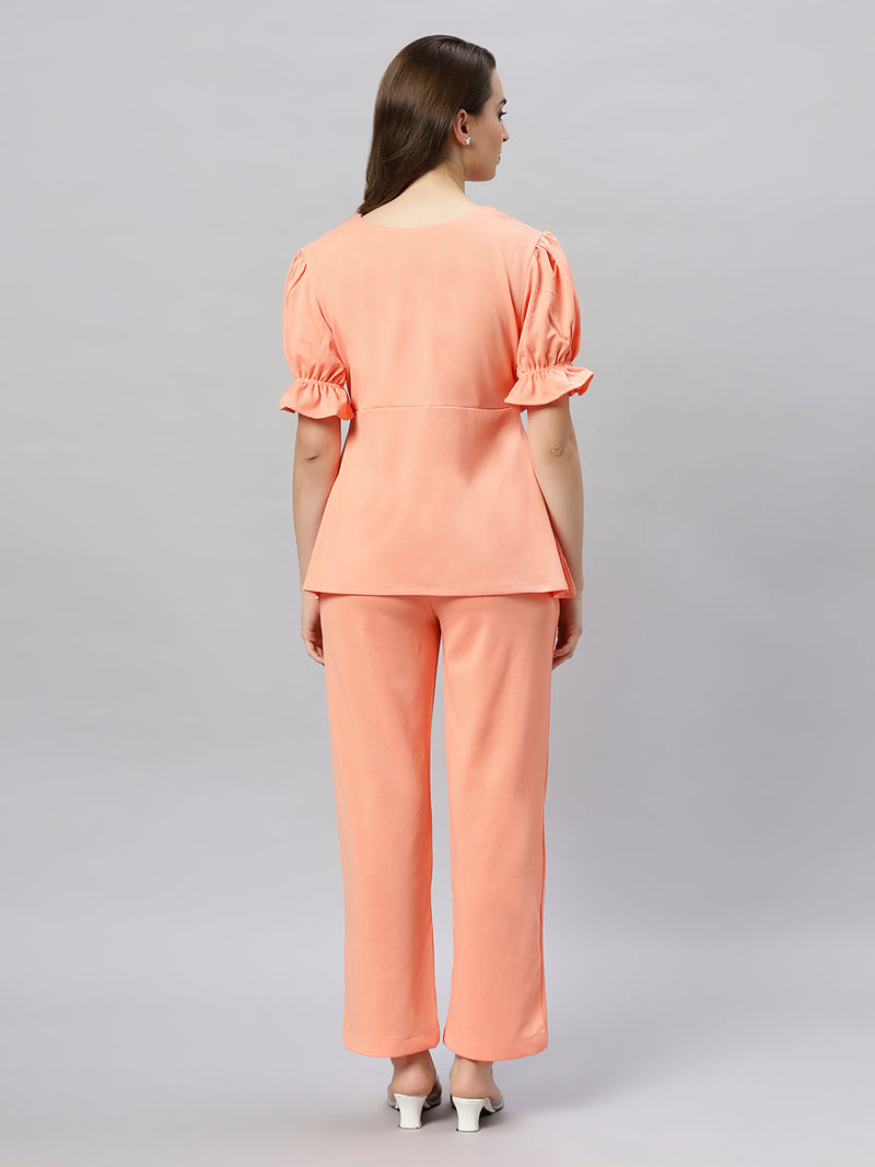 Sea & Mast - Stretchable Regular Fit Textured Poly-Viscose Co-ords, Slip On, Waist Length With Elasticated Waist Pant, Light Orange
