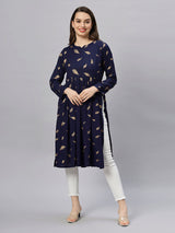 Sea & Mast - Regular Fit Foil Print Cotton Long Nyra Cut, Alia Cut Kurti, Slip On, Knee Length, Dark Blue Navy, Custom