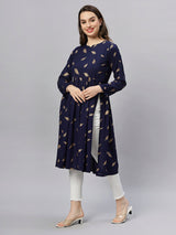 Sea & Mast - Regular Fit Foil Print Cotton Long Nyra Cut, Alia Cut Kurti, Slip On, Knee Length, Dark Blue Navy, Custom