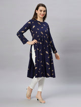 Sea & Mast - Regular Fit Foil Print Cotton Long Nyra Cut, Alia Cut Kurti, Slip On, Knee Length, Dark Blue Navy, Custom