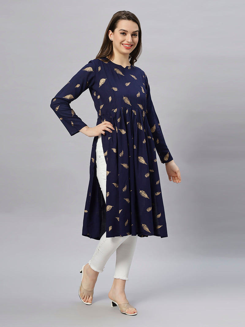 Sea & Mast - Regular Fit Foil Print Cotton Long Nyra Cut, Alia Cut Kurti, Slip On, Knee Length, Dark Blue Navy, Custom