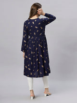 Sea & Mast - Regular Fit Foil Print Cotton Long Nyra Cut, Alia Cut Kurti, Slip On, Knee Length, Dark Blue Navy, Custom