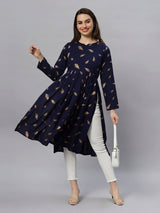 Sea & Mast - Regular Fit Foil Print Cotton Long Nyra Cut, Alia Cut Kurti, Slip On, Knee Length, Dark Blue Navy, Plus Size