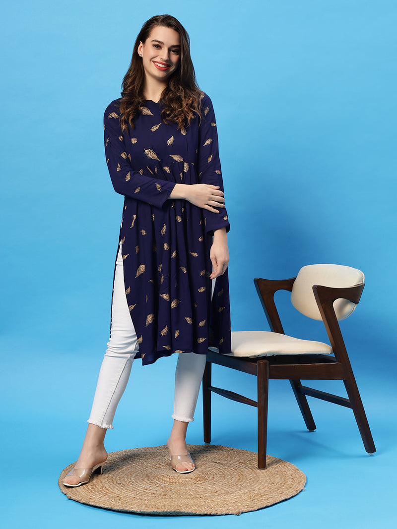 Sea & Mast - Regular Fit Foil Print Cotton Long Nyra Cut, Alia Cut Kurti, Slip On, Knee Length, Dark Blue Navy, Plus Size